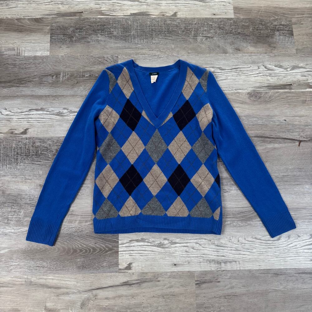 J.Crew Blue Argyle Sweater Wool Cashmere V Neck Preppy Y2K Medium Minimalist